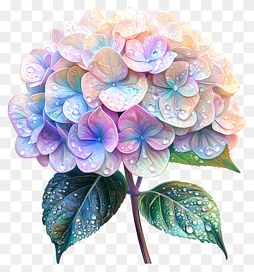 holografisk hortensia, hortensia med duggdråper, png thumbnail
