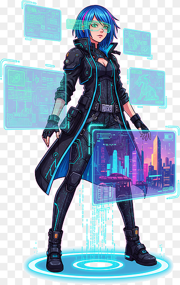 Anime-Cyberpunk-Hacker-Neon-Stadtbild mit holografischen Bildschirmen., png thumbnail