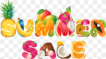 text effect 'summer sale' with tropical fruits background, juicy colors., png thumbnail
