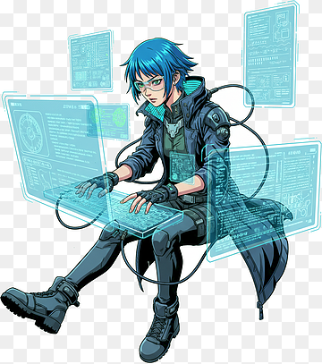 Cyberpunk-Hacker im Manga-Stil, der holografische Bildschirme tippt, png thumbnail