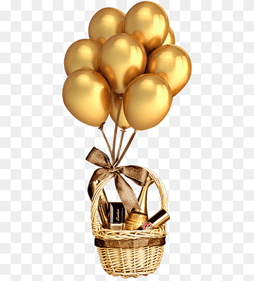 brown wicker basket with balloons, Balloon RGB color model, Gold balloon material, ribbon, gold Coin, gold Label png thumbnail
