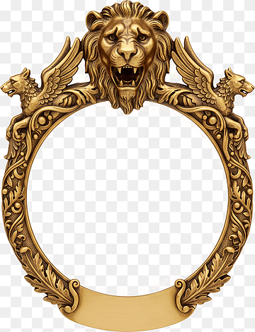 marco de escudo dorado con cabeza de león en estilo metálico fotorrealista, etiqueta heráldica, borde retro, png thumbnail