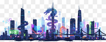 Cyberpunk-Stadtgrenze mit holografischen Elementen, png thumbnail