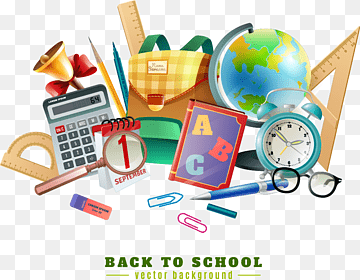 Volver al texto de la escuela, ilustración de papelería de cartel, útiles escolares y pizarra, diverso, suministros, Suministros escolares png thumbnail