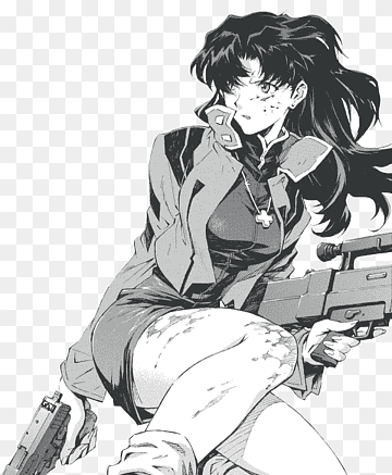 Misato Katsuragi Mangaka Anime Neon Genesis Evangelion, manga, anime, obra d’art, blanc i negre png thumbnail