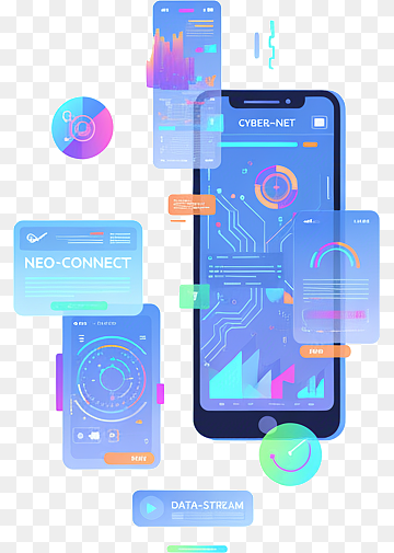 leuchtende holografische Smartphone-Schnittstellenelemente, Cyberpunk-inspirierte flache Illustration, png thumbnail