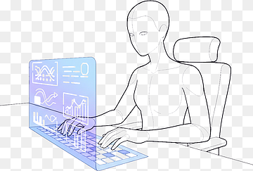 Line-Art-Büroangestellter, der eine holografische Tastatur tippt, png thumbnail